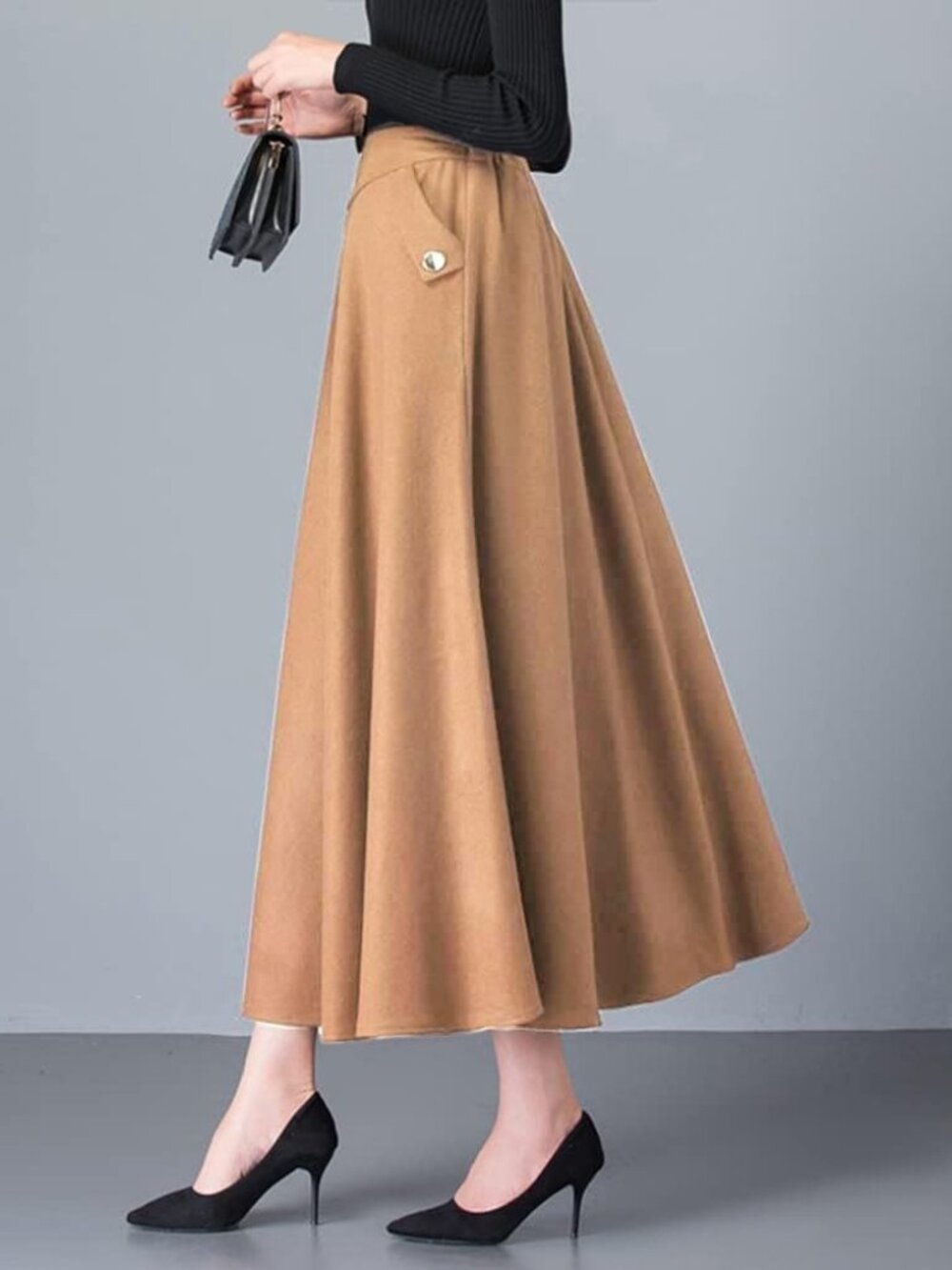 Women's Khaki Fall Winter High Waisted Wool Plaid A-line Long Pocket Maxi Skirt - Picture 2 of 6